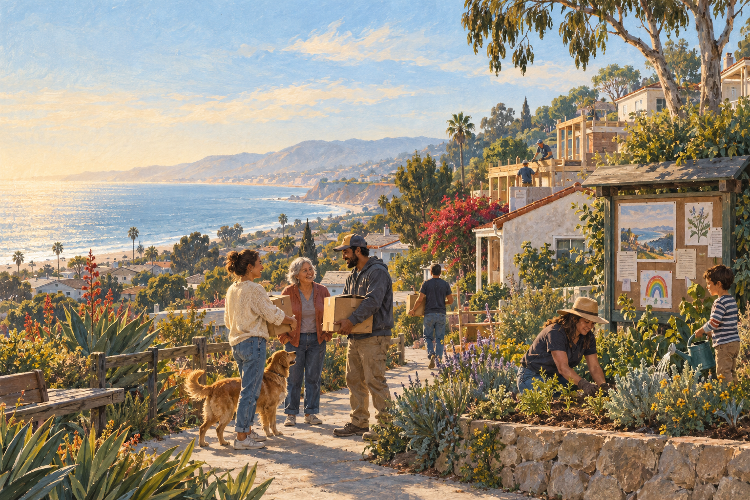 An illustrated Pacific Palisades neighborhood where neighbors help one another